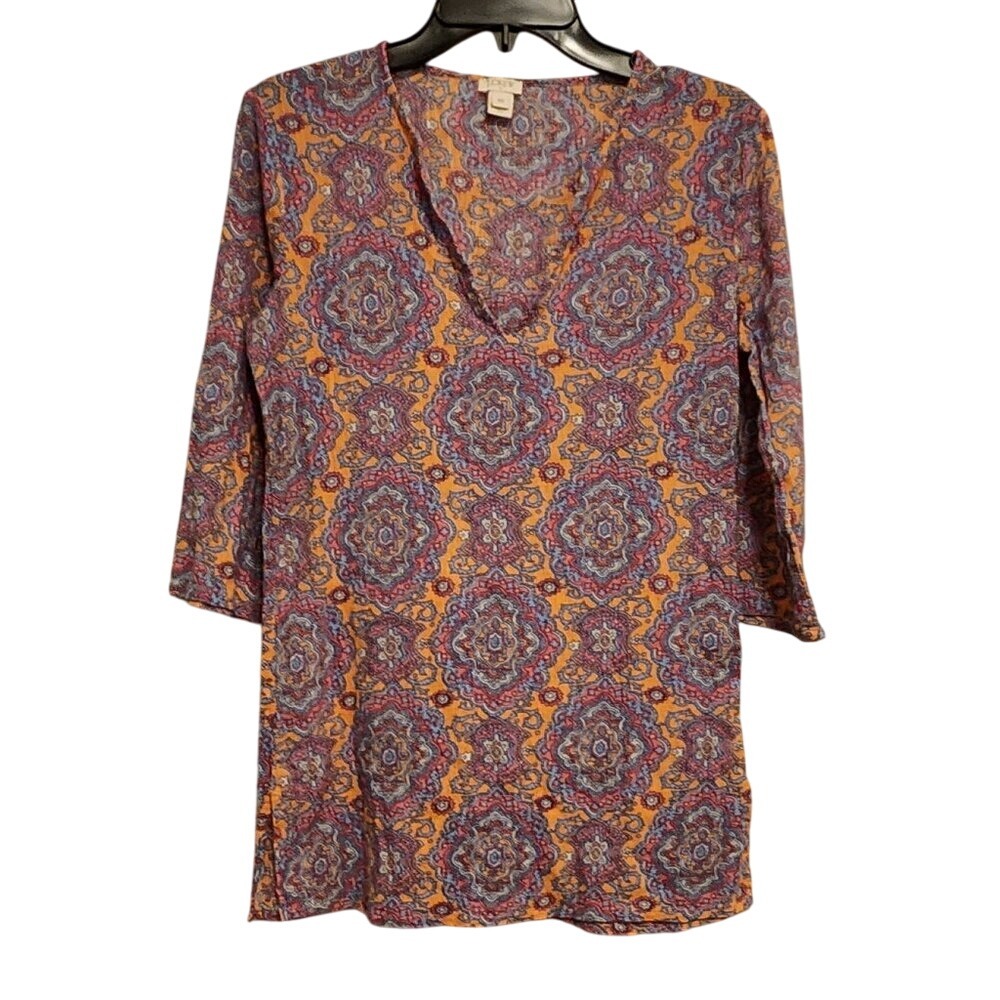 5 for $20 J. Crew Tunic Top XS Orange Blue Paisley 3/4 Sleeve Boho Coastal - Picture 1 of 1